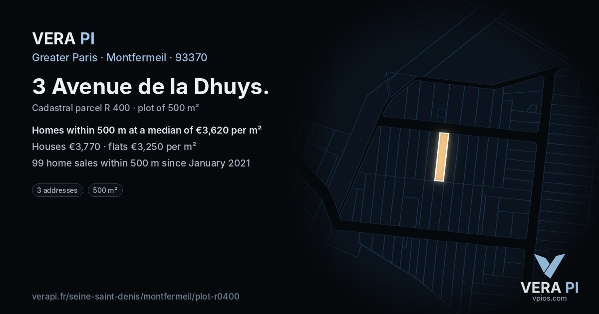 3 Avenue de la Dhuys, Montfermeil at night – the plot lit, the parcels around coloured by the prices near them
