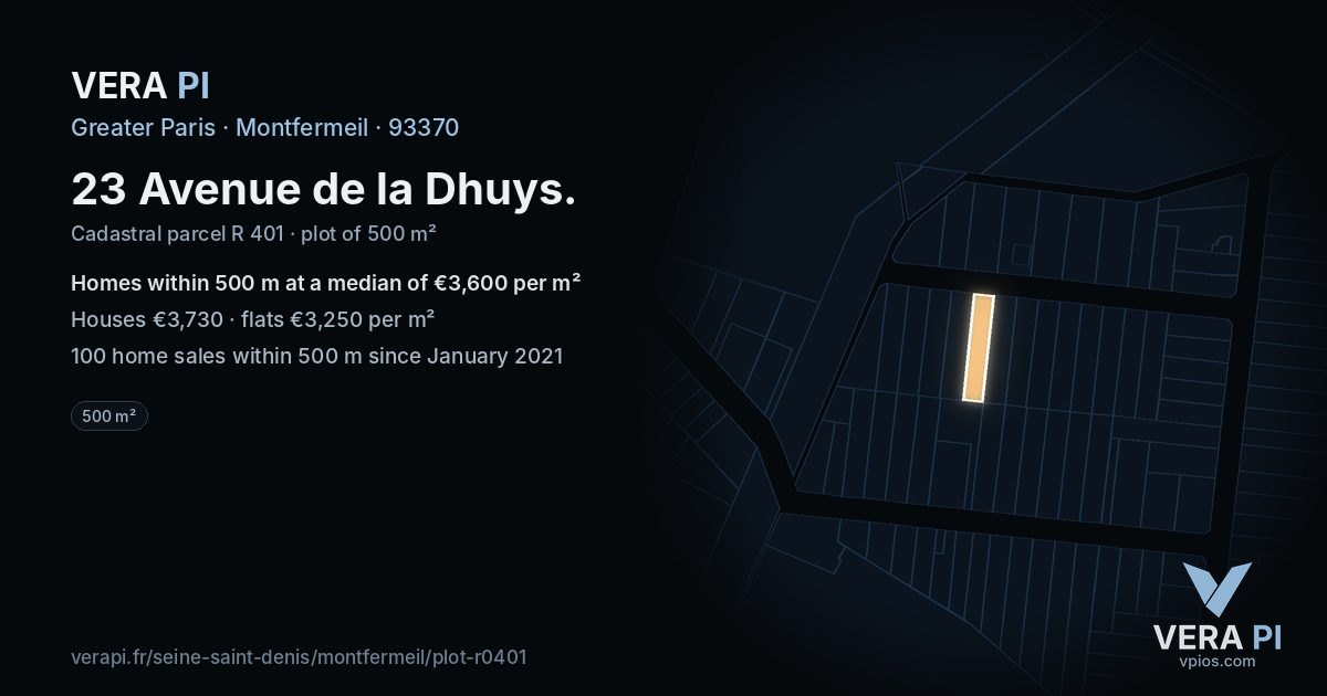 23 Avenue de la Dhuys, Montfermeil at night – the plot lit, the parcels around coloured by the prices near them