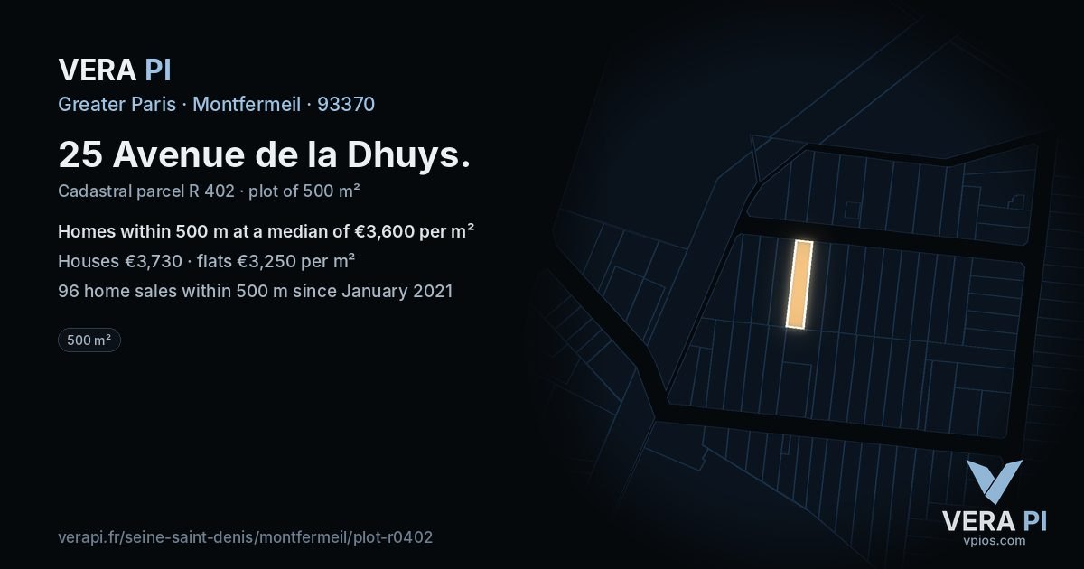 25 Avenue de la Dhuys, Montfermeil at night – the plot lit, the parcels around coloured by the prices near them