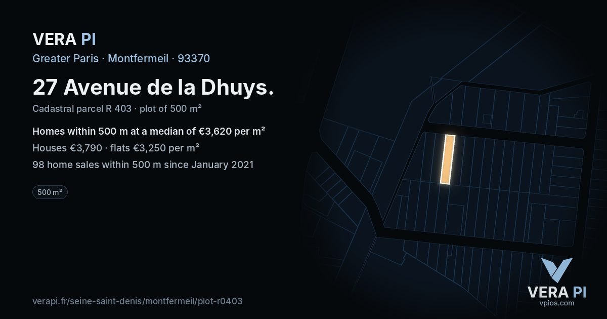 27 Avenue de la Dhuys, Montfermeil at night – the plot lit, the parcels around coloured by the prices near them