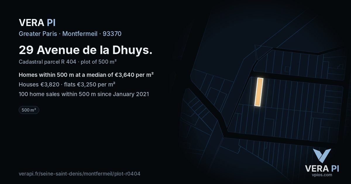 29 Avenue de la Dhuys, Montfermeil at night – the plot lit, the parcels around coloured by the prices near them