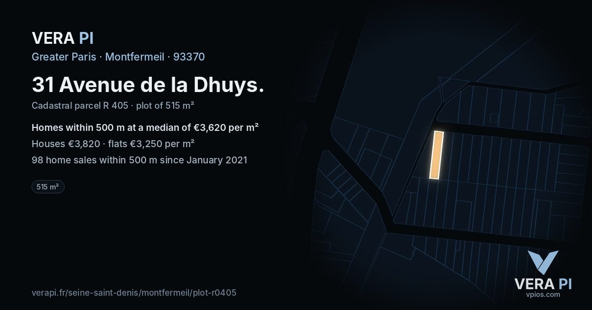 31 Avenue de la Dhuys, Montfermeil at night – the plot lit, the parcels around coloured by the prices near them
