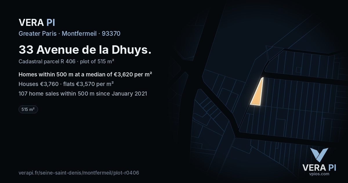 33 Avenue de la Dhuys, Montfermeil at night – the plot lit, the parcels around coloured by the prices near them