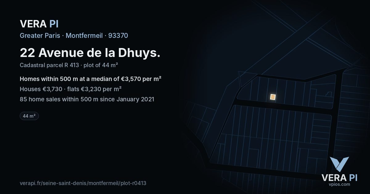 22 Avenue de la Dhuys, Montfermeil at night – the plot lit, the parcels around coloured by the prices near them