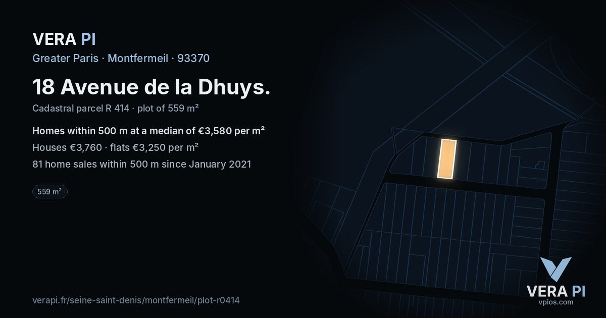 18 Avenue de la Dhuys, Montfermeil at night – the plot lit, the parcels around coloured by the prices near them