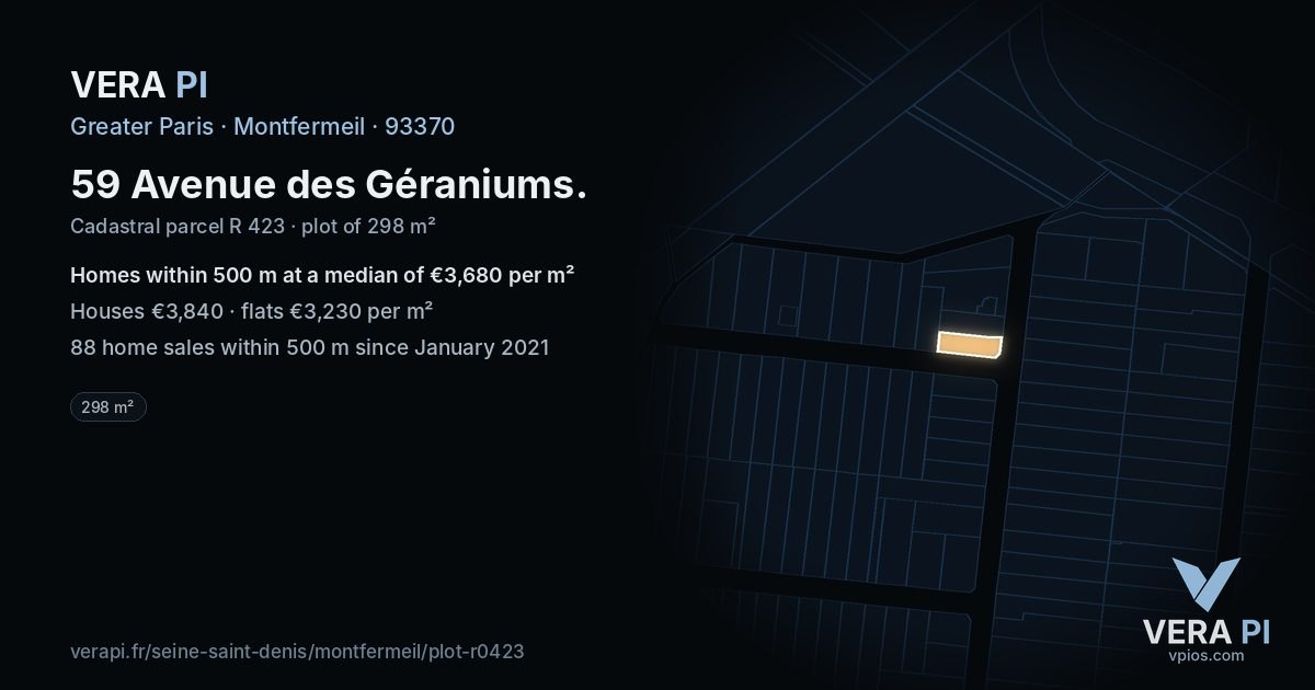 59 Avenue des Géraniums, Montfermeil at night – the plot lit, the parcels around coloured by the prices near them