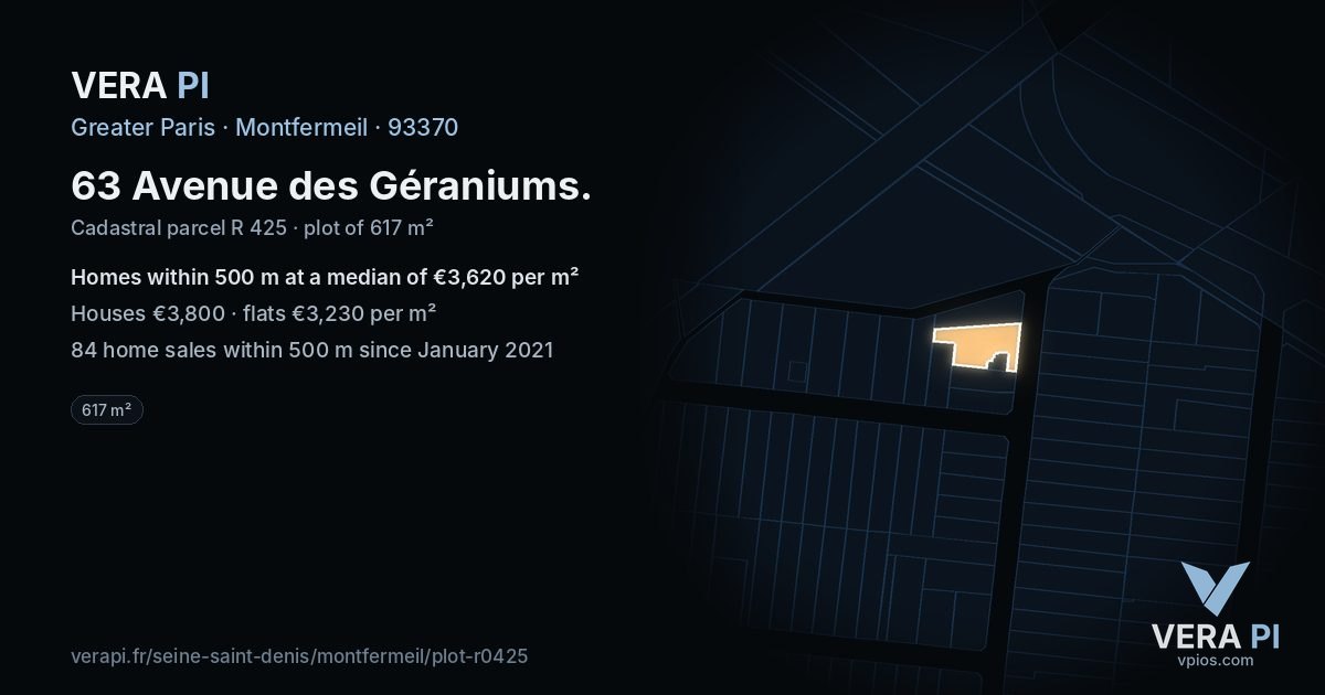 63 Avenue des Géraniums, Montfermeil at night – the plot lit, the parcels around coloured by the prices near them