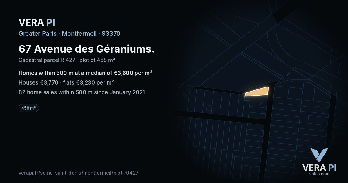 67 Avenue des Géraniums, Montfermeil at night – the plot lit, the parcels around coloured by the prices near them
