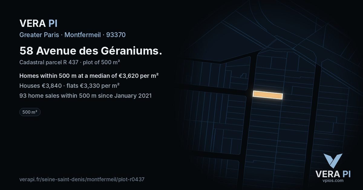 58 Avenue des Géraniums, Montfermeil at night – the plot lit, the parcels around coloured by the prices near them