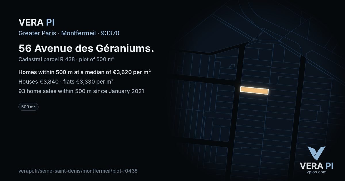 56 Avenue des Géraniums, Montfermeil at night – the plot lit, the parcels around coloured by the prices near them