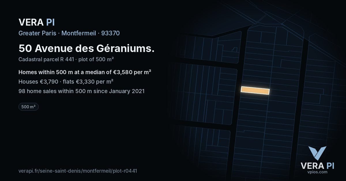 50 Avenue des Géraniums, Montfermeil at night – the plot lit, the parcels around coloured by the prices near them