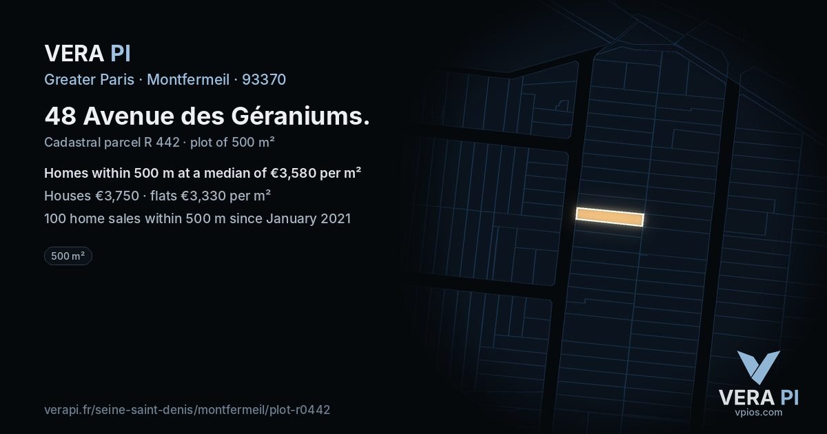 48 Avenue des Géraniums, Montfermeil at night – the plot lit, the parcels around coloured by the prices near them