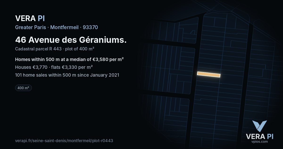 46 Avenue des Géraniums, Montfermeil at night – the plot lit, the parcels around coloured by the prices near them