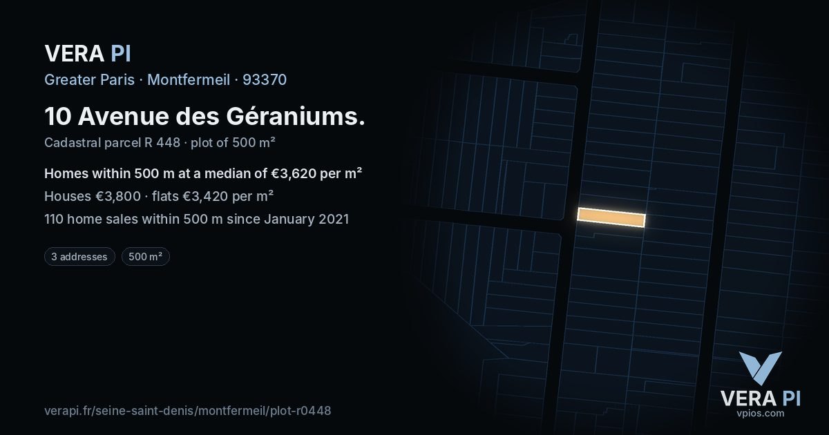 10 Avenue des Géraniums, Montfermeil at night – the plot lit, the parcels around coloured by the prices near them