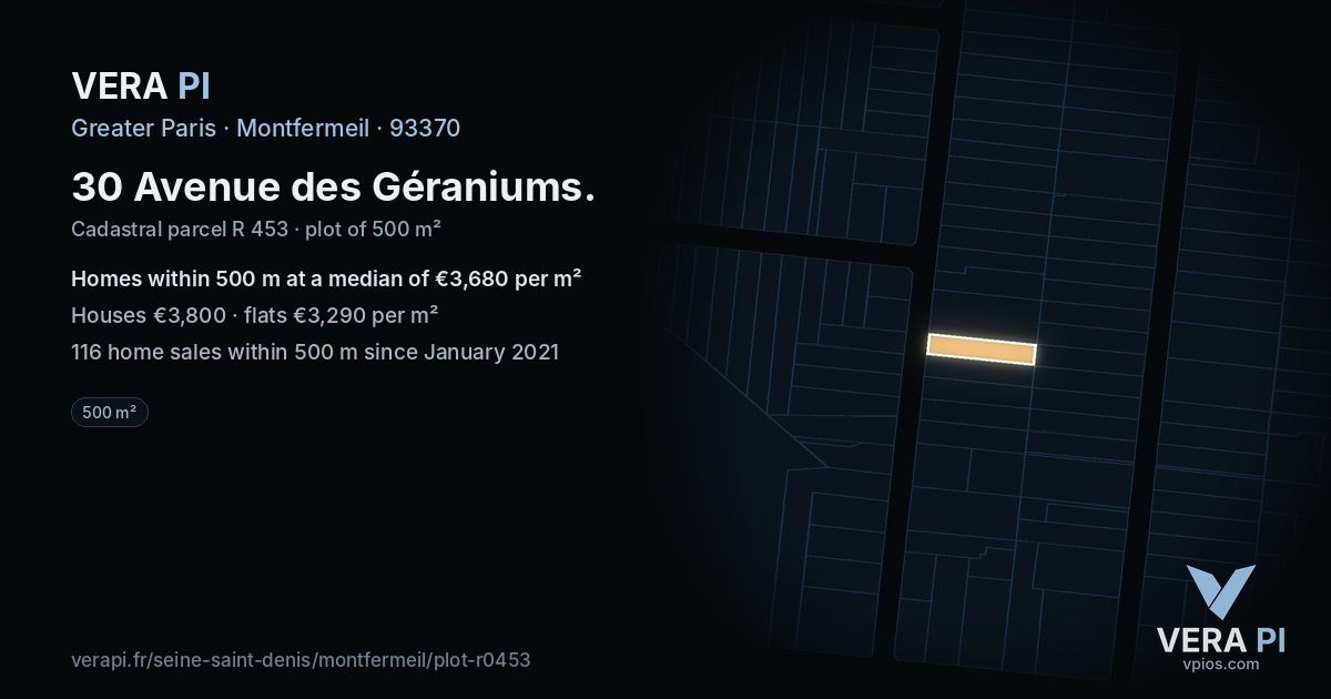 30 Avenue des Géraniums, Montfermeil at night – the plot lit, the parcels around coloured by the prices near them