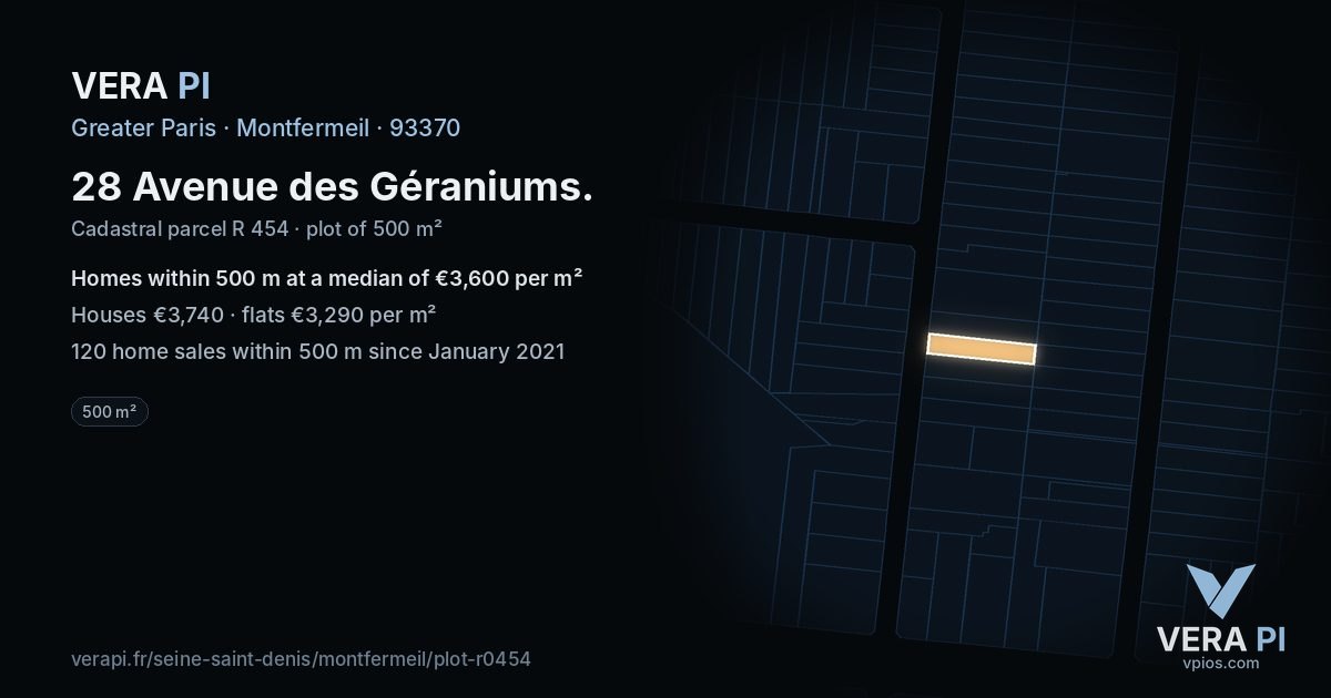 28 Avenue des Géraniums, Montfermeil at night – the plot lit, the parcels around coloured by the prices near them