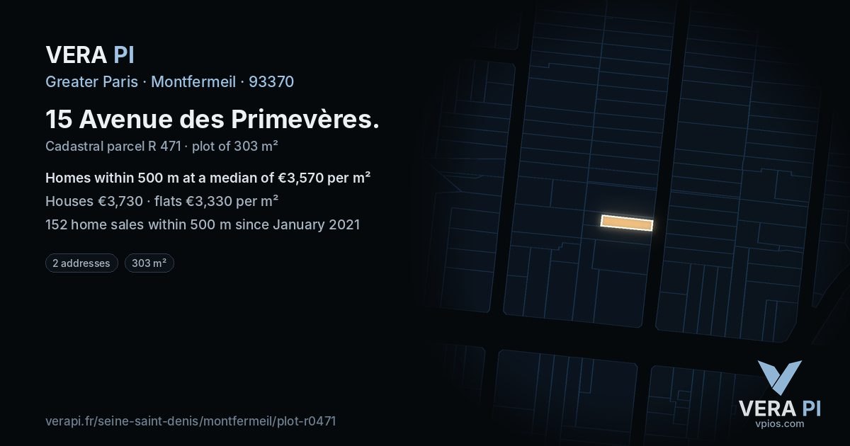 15 Avenue des Primevères, Montfermeil at night – the plot lit, the parcels around coloured by the prices near them