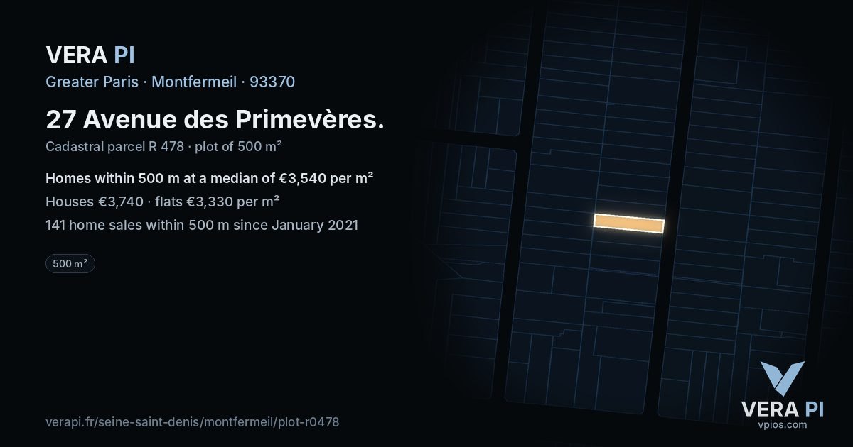 27 Avenue des Primevères, Montfermeil at night – the plot lit, the parcels around coloured by the prices near them