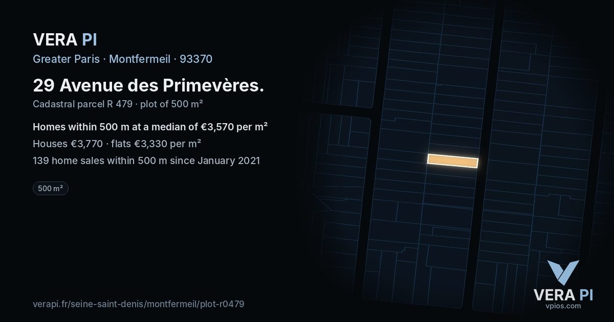 29 Avenue des Primevères, Montfermeil at night – the plot lit, the parcels around coloured by the prices near them