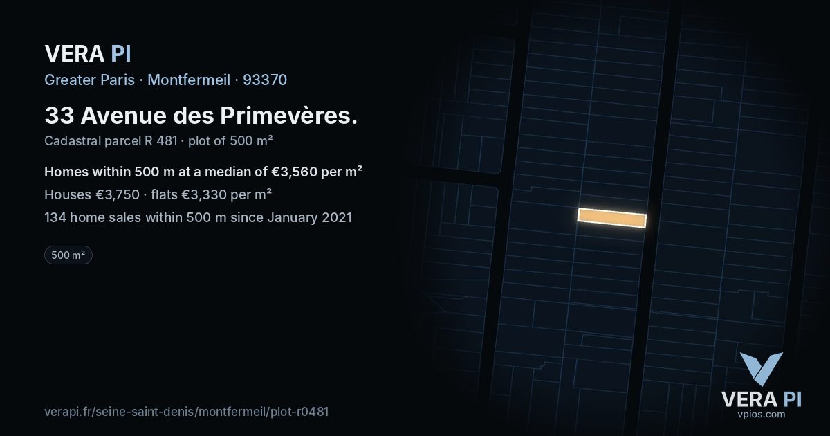 33 Avenue des Primevères, Montfermeil at night – the plot lit, the parcels around coloured by the prices near them