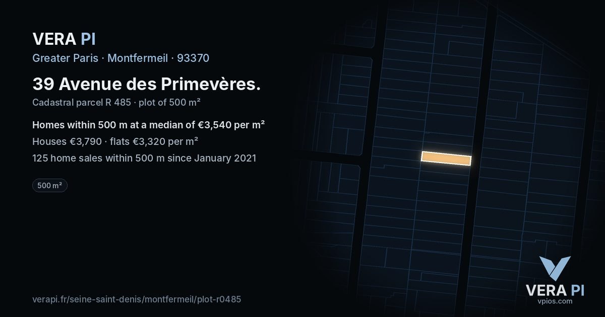 39 Avenue des Primevères, Montfermeil at night – the plot lit, the parcels around coloured by the prices near them