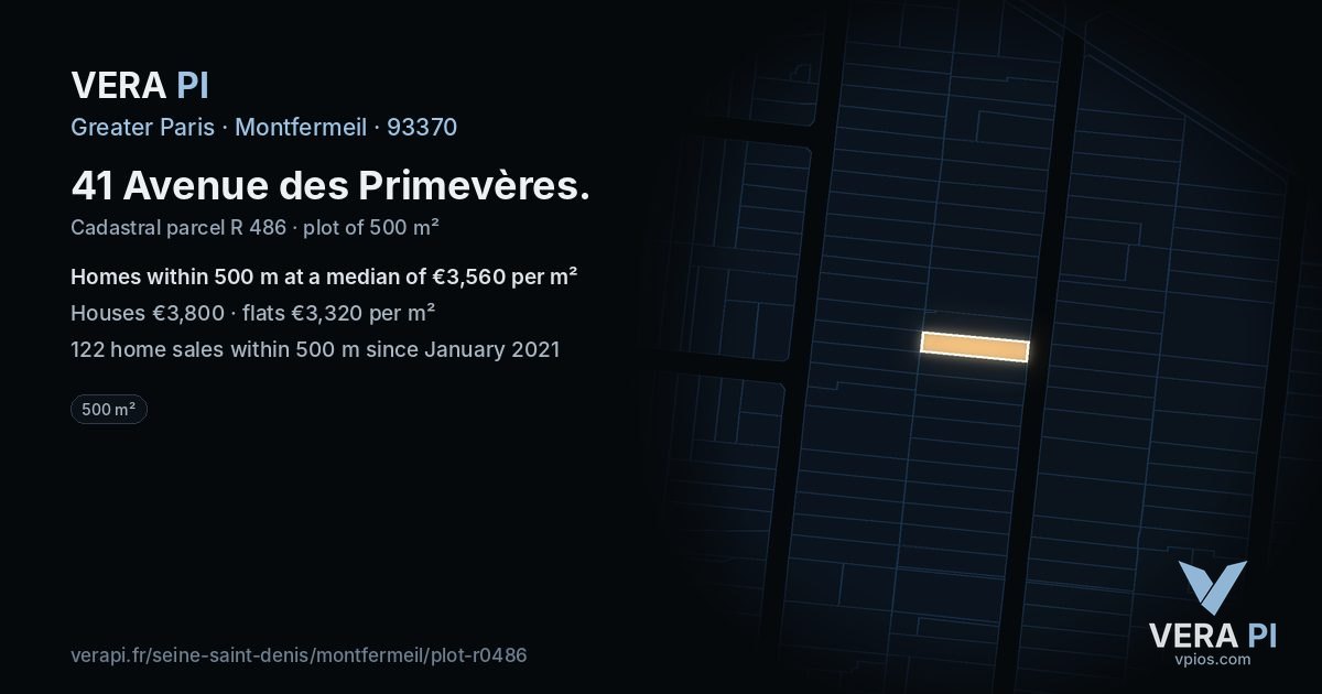 41 Avenue des Primevères, Montfermeil at night – the plot lit, the parcels around coloured by the prices near them