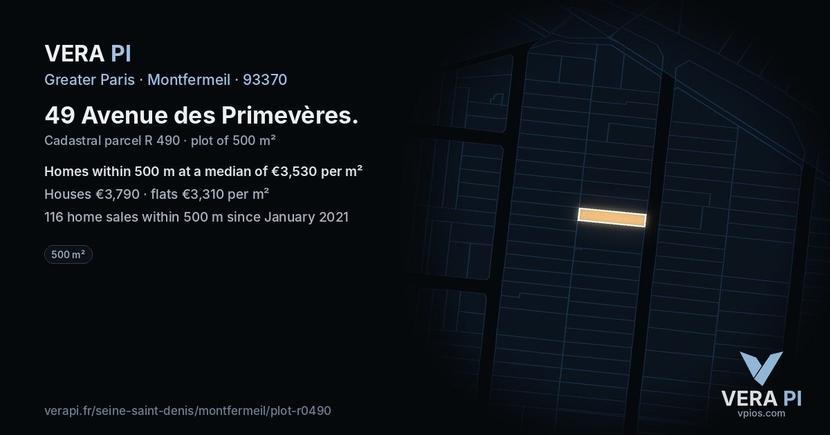 49 Avenue des Primevères, Montfermeil at night – the plot lit, the parcels around coloured by the prices near them