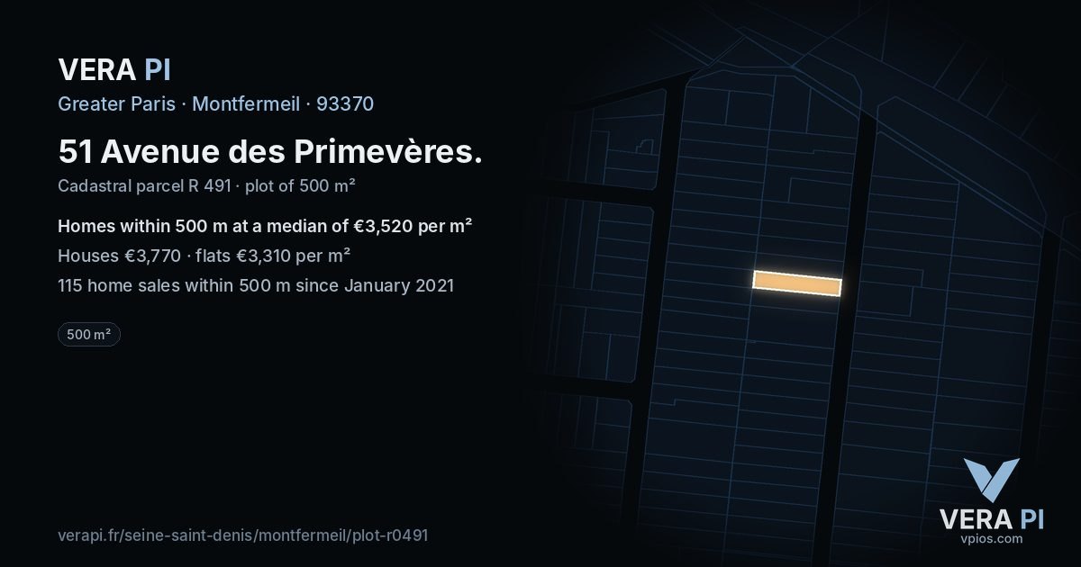 51 Avenue des Primevères, Montfermeil at night – the plot lit, the parcels around coloured by the prices near them