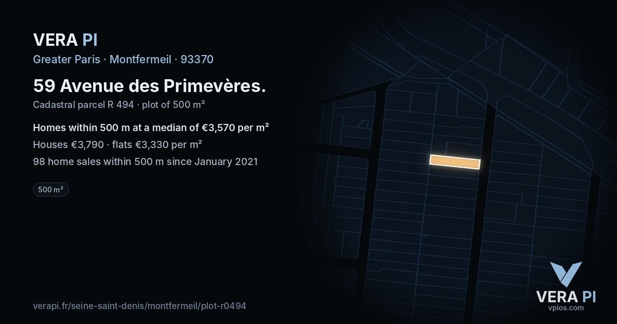 59 Avenue des Primevères, Montfermeil at night – the plot lit, the parcels around coloured by the prices near them