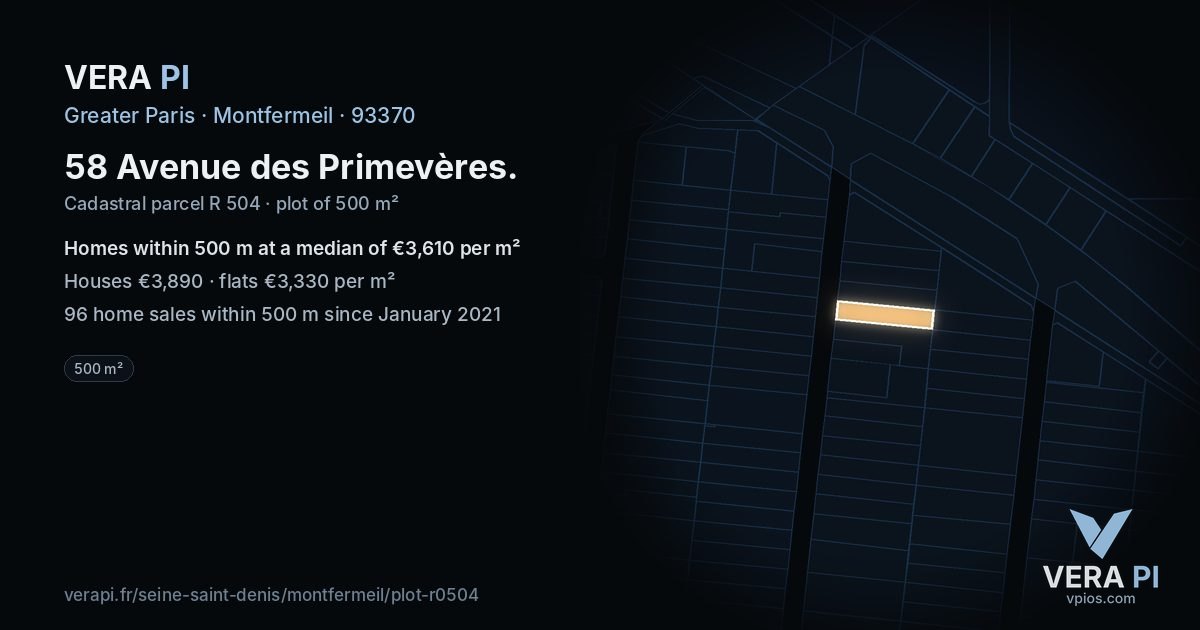 58 Avenue des Primevères, Montfermeil at night – the plot lit, the parcels around coloured by the prices near them