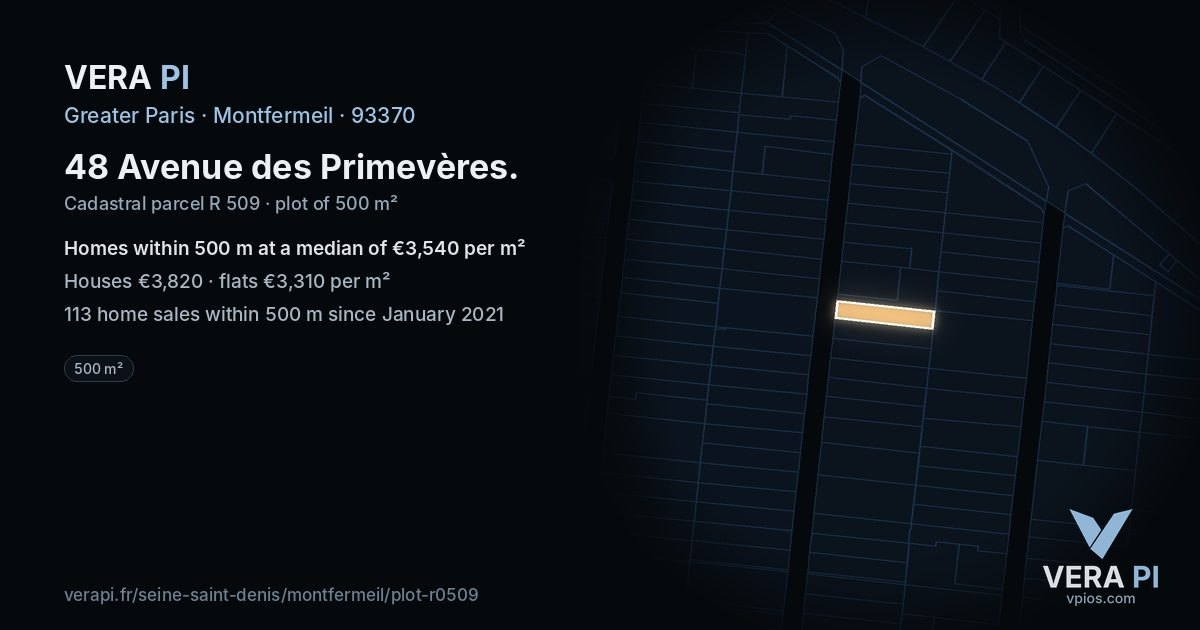 48 Avenue des Primevères, Montfermeil at night – the plot lit, the parcels around coloured by the prices near them