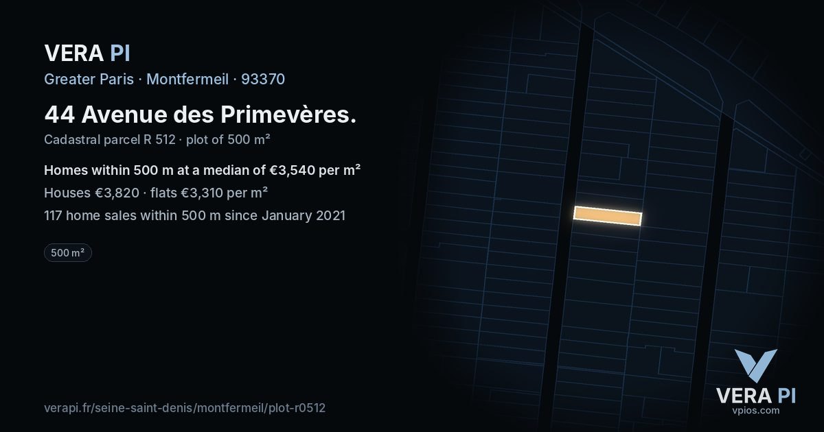 44 Avenue des Primevères, Montfermeil at night – the plot lit, the parcels around coloured by the prices near them