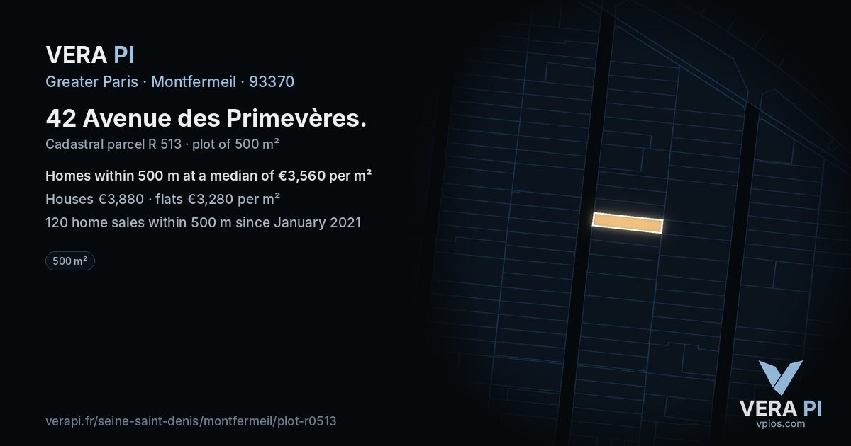 42 Avenue des Primevères, Montfermeil at night – the plot lit, the parcels around coloured by the prices near them