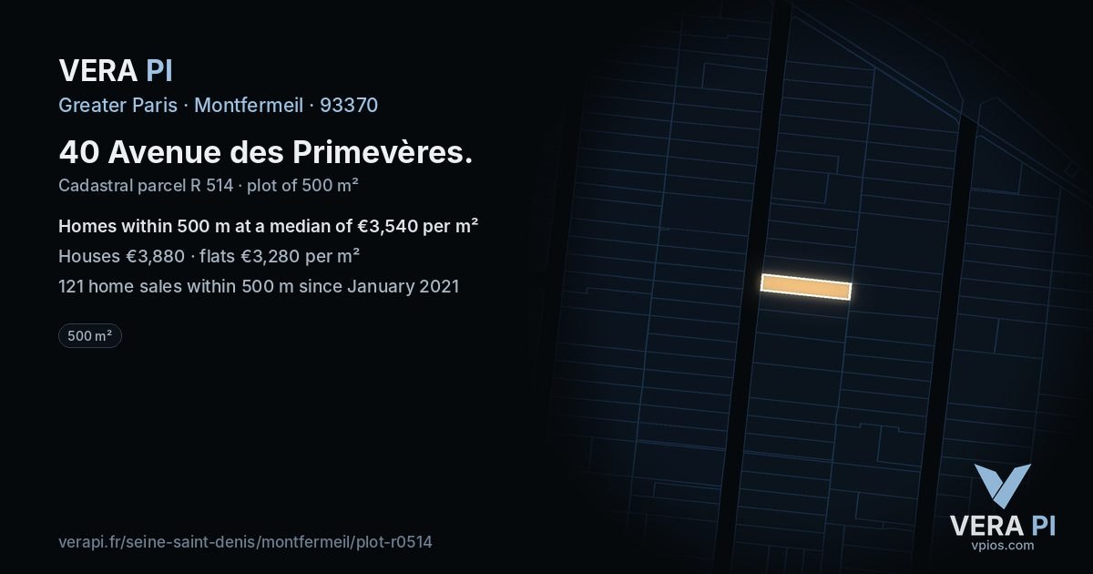 40 Avenue des Primevères, Montfermeil at night – the plot lit, the parcels around coloured by the prices near them