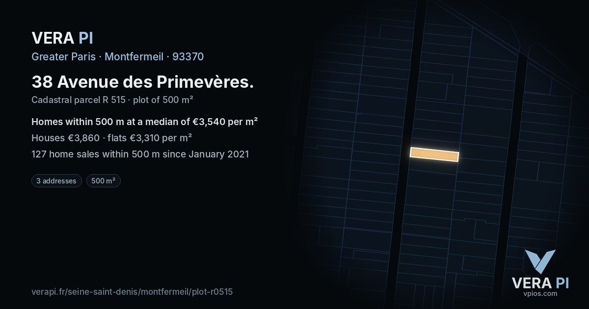 38 Avenue des Primevères, Montfermeil at night – the plot lit, the parcels around coloured by the prices near them