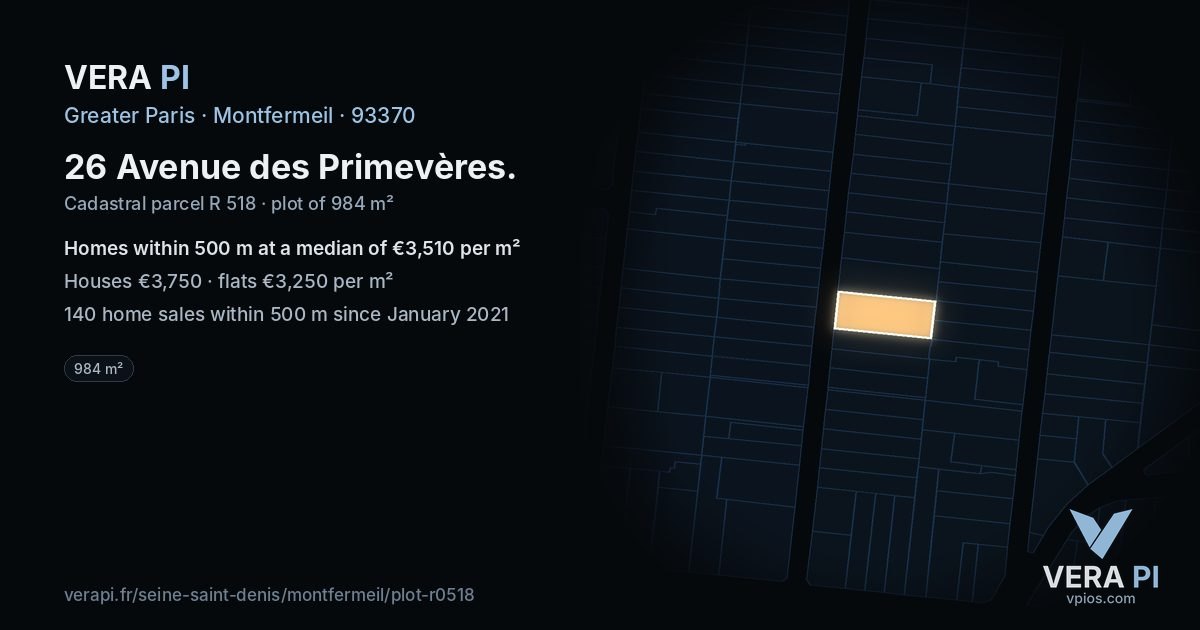 26 Avenue des Primevères, Montfermeil at night – the plot lit, the parcels around coloured by the prices near them