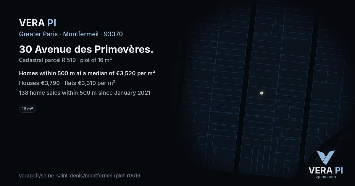 30 Avenue des Primevères, Montfermeil at night – the plot lit, the parcels around coloured by the prices near them