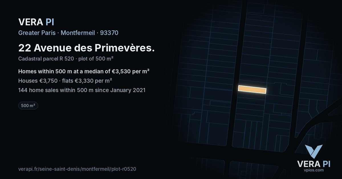 22 Avenue des Primevères, Montfermeil at night – the plot lit, the parcels around coloured by the prices near them