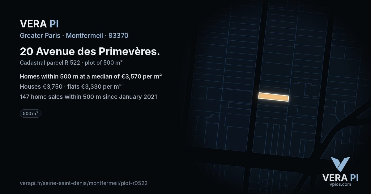 20 Avenue des Primevères, Montfermeil at night – the plot lit, the parcels around coloured by the prices near them