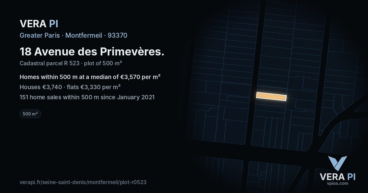 18 Avenue des Primevères, Montfermeil at night – the plot lit, the parcels around coloured by the prices near them