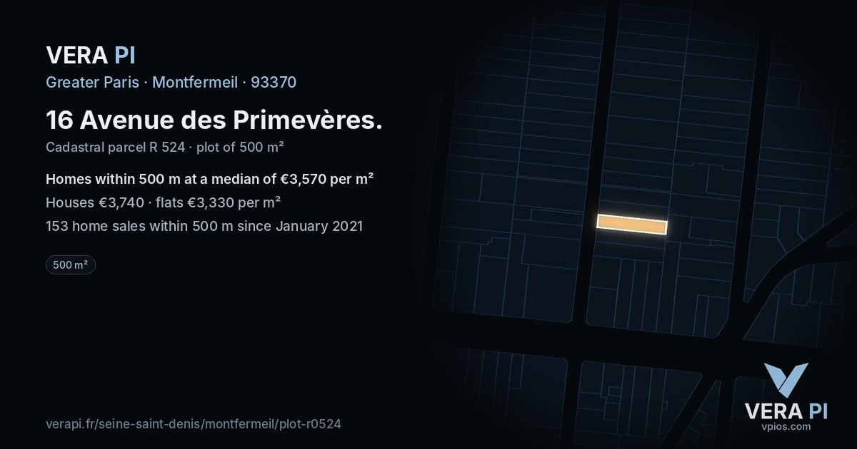 16 Avenue des Primevères, Montfermeil at night – the plot lit, the parcels around coloured by the prices near them
