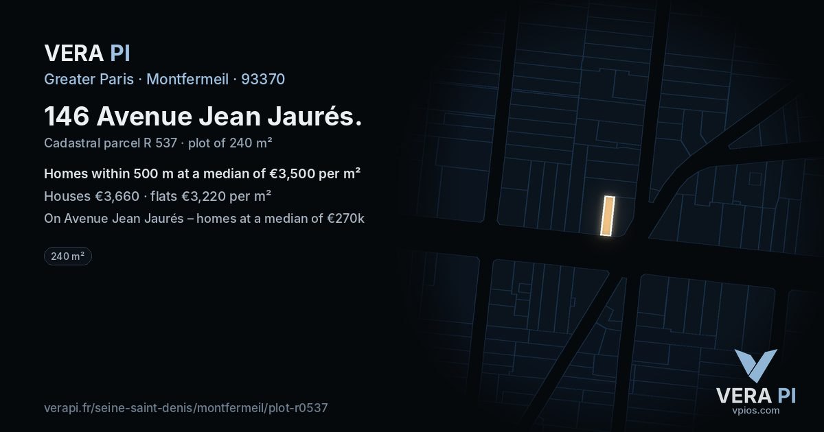 146 Avenue Jean Jaurés, Montfermeil at night – the plot lit, the parcels around coloured by the prices near them