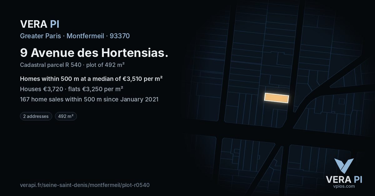 9 Avenue des Hortensias, Montfermeil at night – the plot lit, the parcels around coloured by the prices near them