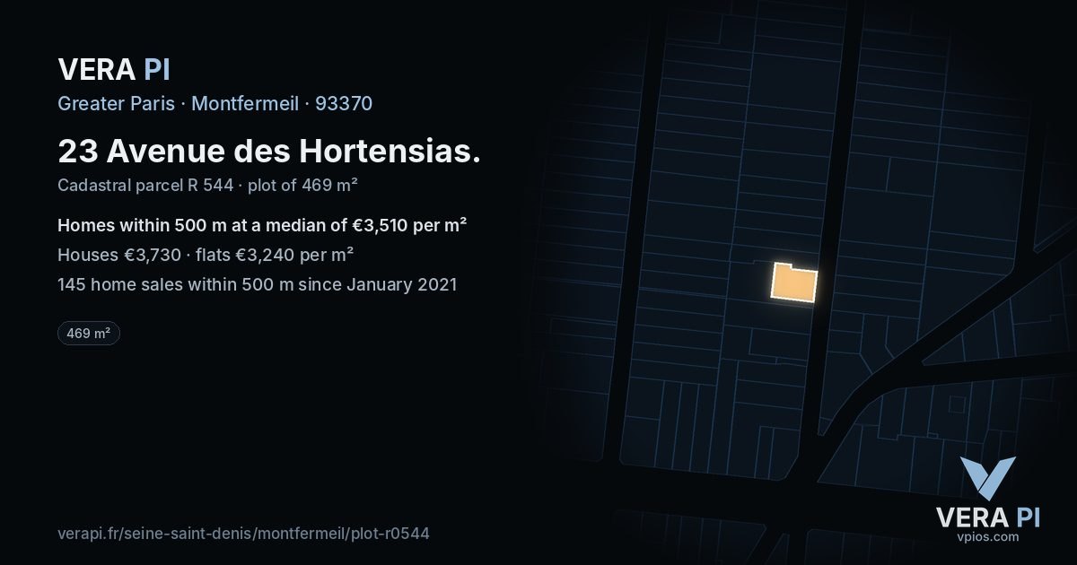 23 Avenue des Hortensias, Montfermeil at night – the plot lit, the parcels around coloured by the prices near them
