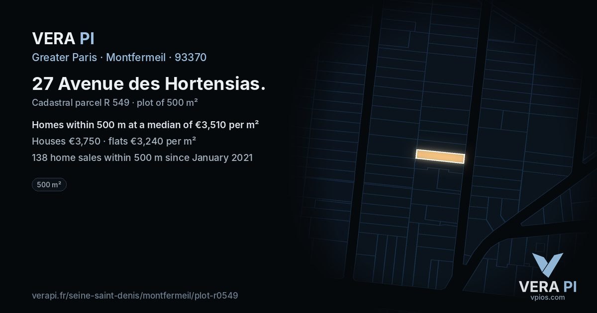 27 Avenue des Hortensias, Montfermeil at night – the plot lit, the parcels around coloured by the prices near them