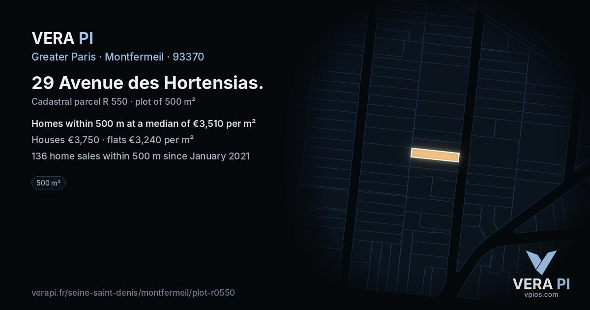 29 Avenue des Hortensias, Montfermeil at night – the plot lit, the parcels around coloured by the prices near them