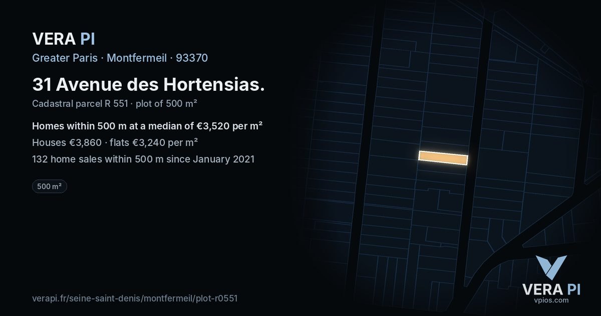 31 Avenue des Hortensias, Montfermeil at night – the plot lit, the parcels around coloured by the prices near them