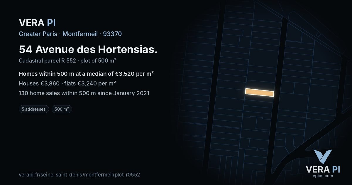 54 Avenue des Hortensias, Montfermeil at night – the plot lit, the parcels around coloured by the prices near them