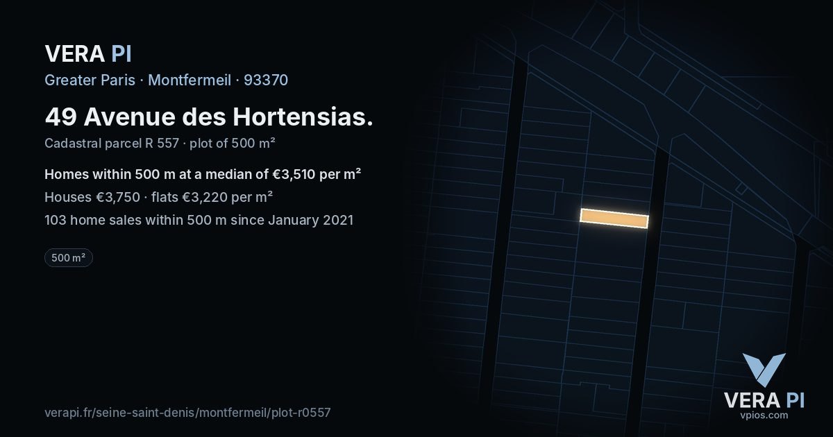 49 Avenue des Hortensias, Montfermeil at night – the plot lit, the parcels around coloured by the prices near them