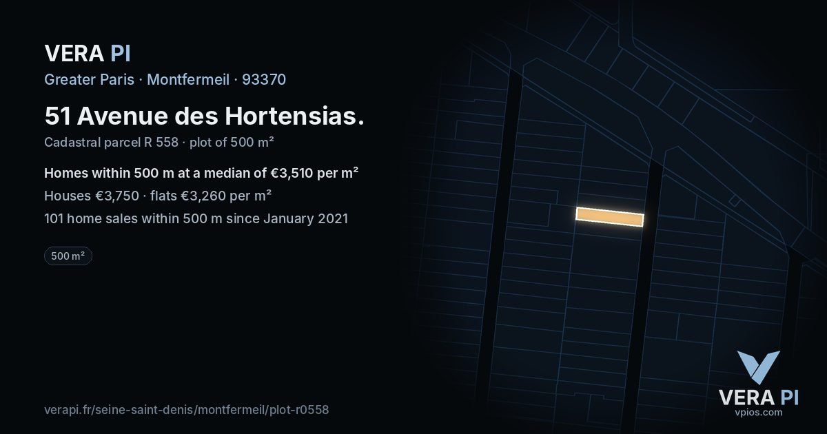51 Avenue des Hortensias, Montfermeil at night – the plot lit, the parcels around coloured by the prices near them